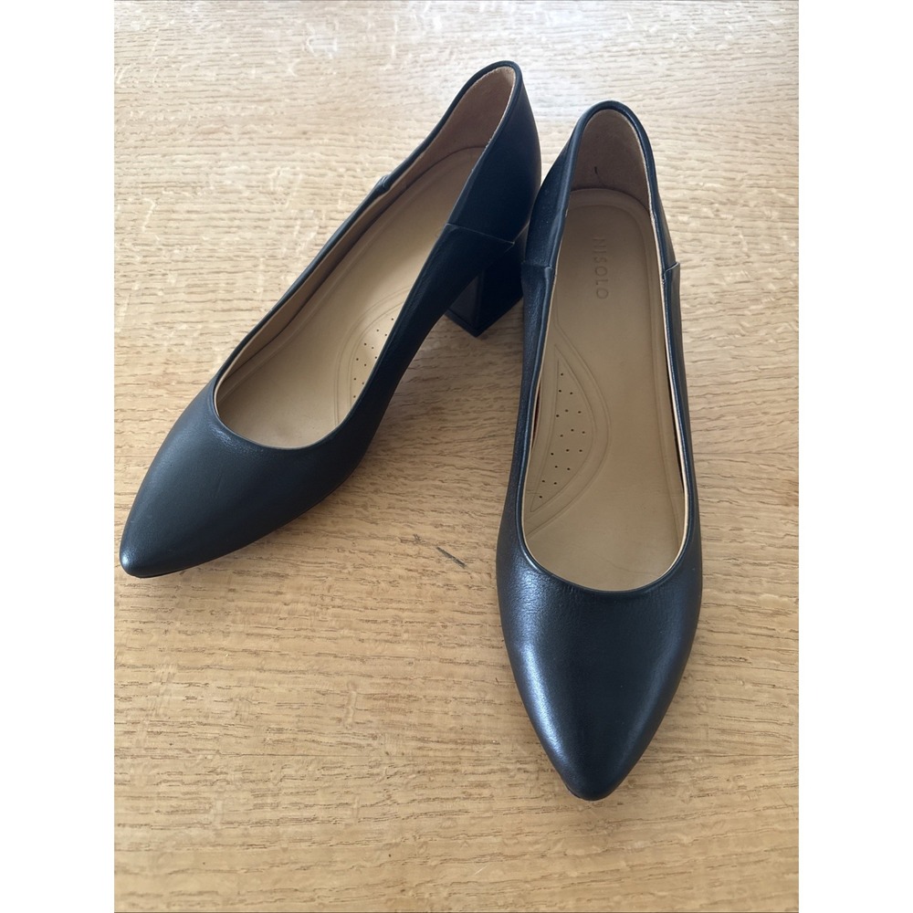 NISOLO Fiorela Go To Black Leather Block Heel Pumps Pointed Toe Women's Size 10